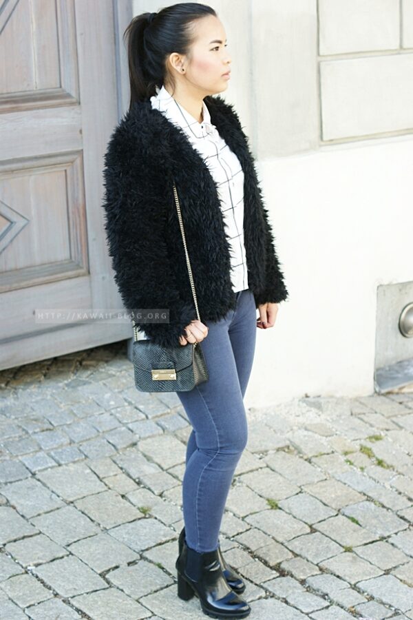 Outfit mit Skinny Jeans und Felljacke